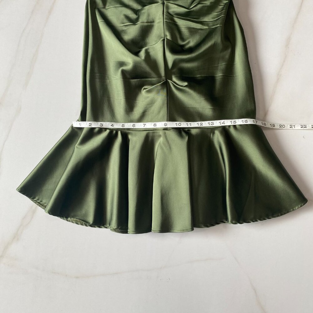 Xscape Petite 14P Satin Olive Green Mermaid Cocktail Dress Jeweled Spaghetti - Picture 8 of 10